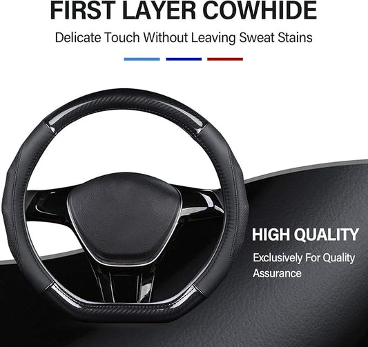 Ergocar Car Steering Wheel Cover Non-Slip Car Steering Wheel Protector Sport D-Shape Carbon Fiber & First Layer Cowhide Universal for Diameter 38cm(15") (D-Black)
