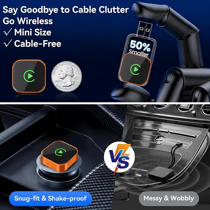 2026 Wireless CarPlay Adapter for iPhone & Android Auto,Mini Wired to Wireless Apple CarPlay Adapter,Plug & Play,Seamless Reconnection, Compatible for iPhone iOS 10+ Android 11+(Orange)