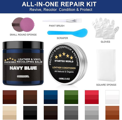 STARTSO WORLD 200Ml Leather Recoloring Balm with 100ML Leather Conditioner, Navy Blue Leather Repair Kit for Furniture, Leather Dye, Leather Scratch Repair, Leather Couch Paint