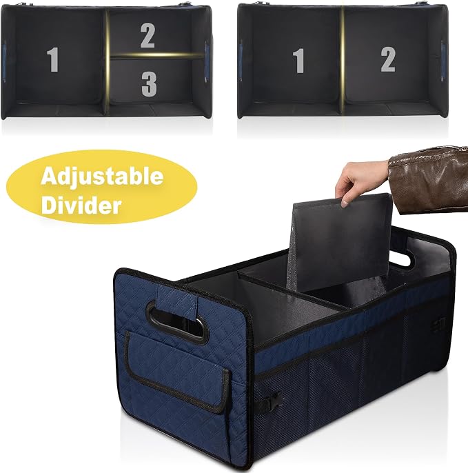 JiatuA Car Trunk Organizer for SUV, Car Storage Organizer Collapsible Multi Compartment Container Box, Adjustable Car Accessories for Women/Men, Dark Blue