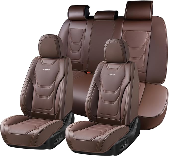 Coverado Car Seat Covers Full Sets, 5 Piece Car Seat Protector Waterproof Leather Seat Cushion Universal Fit for Truck Automotive Vehicles Brown