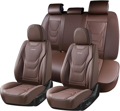 Coverado Car Seat Covers Full Sets, 5 Piece Car Seat Protector Waterproof Leather Seat Cushion Universal Fit for Truck Automotive Vehicles Brown
