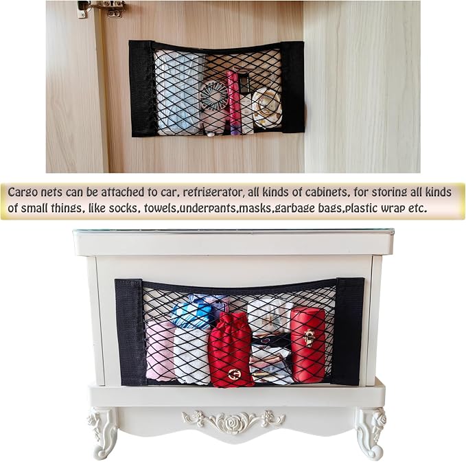 Mesh Cargo Net Car Storage Wall Sticker Organizer Elastic with Tape Stickers for Trunk Holder Kitchen Cabinet, Closet,Home (6PCS (Different Sizes)) 4 Different sizes (Justo20220007H)