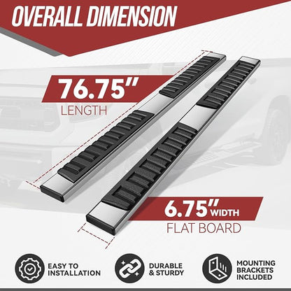 Running Boards Side Step Bars Compatible with 2007-2021 Toyota Tundra Double Cab Extended, 6.75 Inches Stainless Steel Running Boards Powdercoated Side, Chrome/Black
