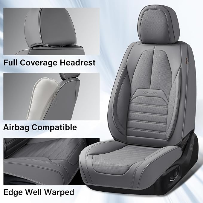 Coverado Car Seat Covers Full Set, Gray Seat Covers for Cars, Automotive Seat Covers, Waterproof Nappa Leather Front Seats and Back Car Seat Protector, Universal Fit for Most Cars SUV Trucks