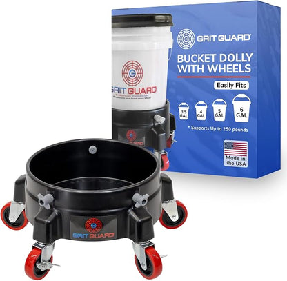 Grit Guard Bucket Dolly with Wheels - Rolling Detailing Wash Bucket with 5 Wheels and 2 Locking Casters Compatible with 2.5, 4, 5 and 6 Gallon Buckets (Black, 3" Red Casters) - Made in the USA