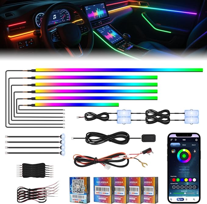 2026 Upgraded Dreamcolor Acrylic Interior Car LED Strip Light with Self-Developed App Dreamcolor RGB 14 in 1 | Dual Zone Control | Super Brighter Strips | Music Sync Ambient Lighting Car Interior