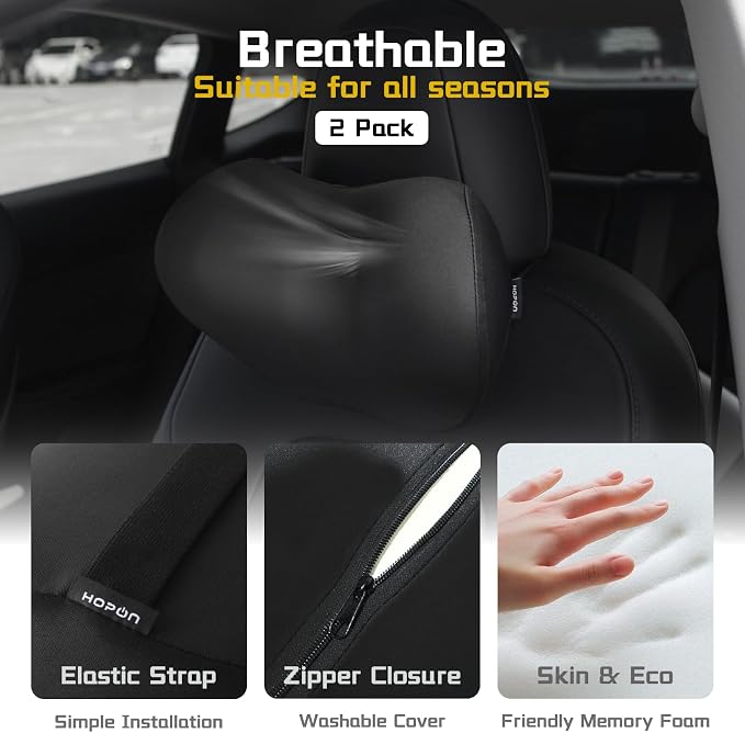 HOPON 2025 Upgrade 2 Pack Headrest Pillow for Tesla Model 3 Y S X,Car Neck Pillow with Breathable Fabric,Soft Pillow for Tesla,Memory Foam Tesla Accessories 2 Pack - Black