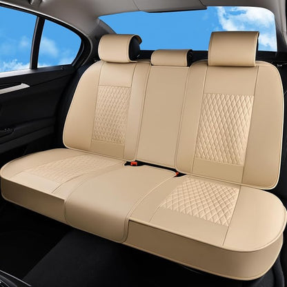 Huidasource Beige Back Seat Covers, Luxury Nappa Leather Rear Seat Cover with Velcro Adjustable, Child Seats, Ventilation Holes, Seat Belts, Car Back Seat Cover Fit for Most Cars SUV Trucks, Beige