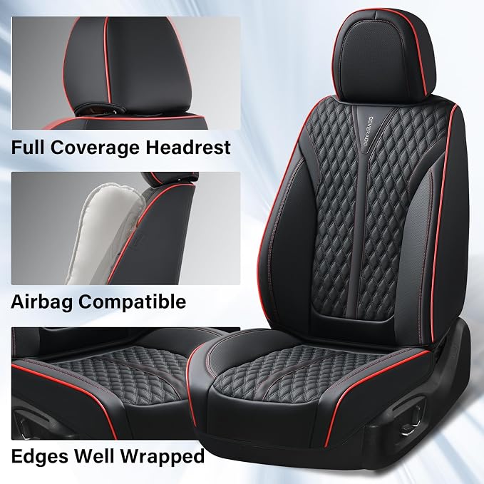 Coverado Front Seat Covers, Waterproof Seat Covers, 2 Pack Nappa Leather Car Seat Covers, Black Seat Covers for Cars, Automotive Seat Covers Universal Car Seat Protector Fit for Most Cars, Black&Red