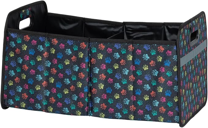 GreaterGood Paws Car Trunk Organizer Foldable Storage Bin with Handles Non Slip Base Pet Gear Travel Tote for SUV Truck (Confetti Paws)