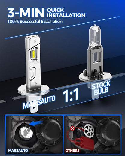 Marsauto H1 Fog Light Bulb, 800% Brightness H1 Fog Lights, 6500K White No Adapter Required, Upgraded 1:1 Mini Size Led Chips Fog Bulb for Car, Truck, SUV, Powersports Accessory Light Kits