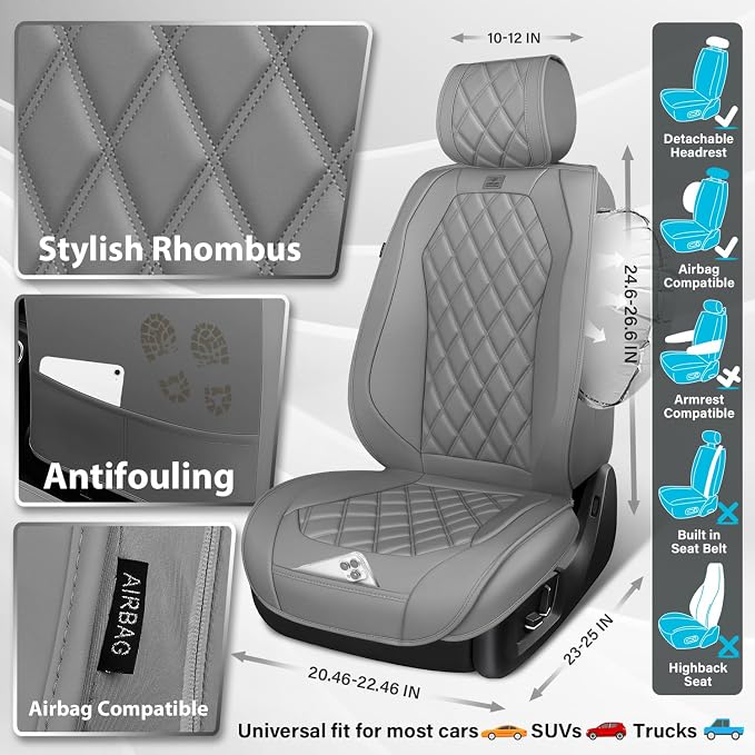 CAR PASS Luxury Nappa Leather Seat Covers Full Set, 3D Rhombus Waterproof Faux Leather Seat Covers, Universal Automotive Seat Cushion Fit for Most Sedan SUV Truck Van, Armrest Airbag Compatible Gray