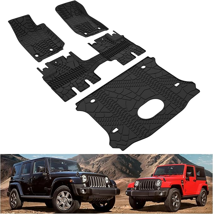KIWI MASTER Floor Mats & Cargo Mat for 2015-2018 Jeep Wrangler JK 4 Door, OEM Replacement 82213860 82214404, All Weather Car Mats, Heavy Duty TPE Floor Liners, Front & Rear & Trunk Mat Set, Black
