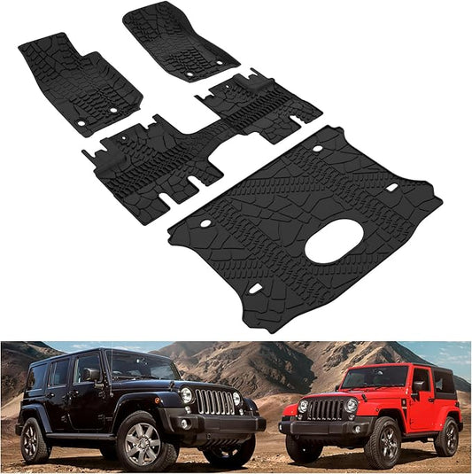 KIWI MASTER Floor Mats & Cargo Mat for 2015-2018 Jeep Wrangler JK 4 Door, OEM Replacement 82213860 82214404, All Weather Car Mats, Heavy Duty TPE Floor Liners, Front & Rear & Trunk Mat Set, Black