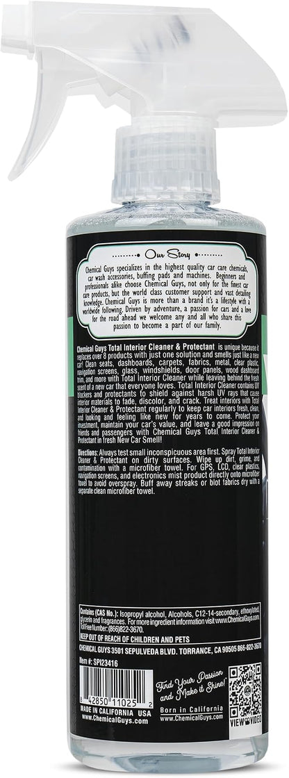 Chemical Guys Total Interior Cleaner & Protectant - New Car Scent, Car Cleaning Spray, Cleans and Protects Leather, Vinyl, Plastic, Rubber, and Glass, Safe for Trucks, SUVs, Jeeps, RVs & More - 16 oz