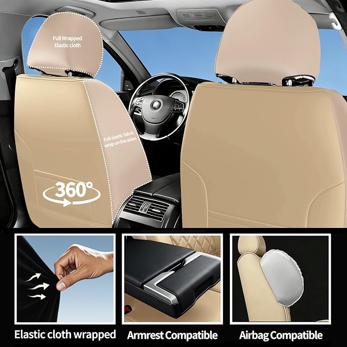 Car Seat Covers Compatible with Hyundai Ioniq 2017-2025 2026 - Full Set 5 Seats Luxury Leather All-Weather Seat Cushions & Protectors, Waterproof & Breathable, Airbag Compatible (Beige)