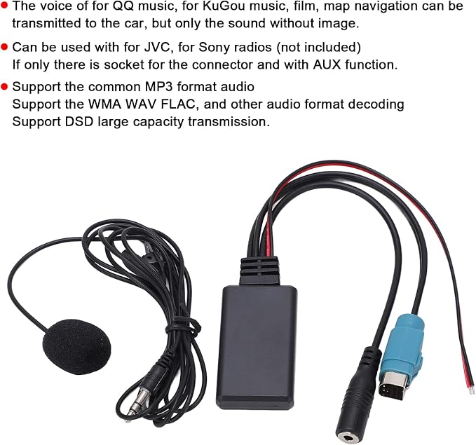 Bluetooth AUX in Cable Adapter Stereo Full Speed with Removable Microphone Replacement for Alpine 2009 and up