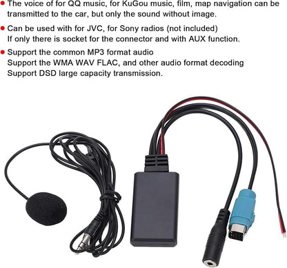 Bluetooth AUX in Cable Adapter Stereo Full Speed with Removable Microphone Replacement for Alpine 2009 and up