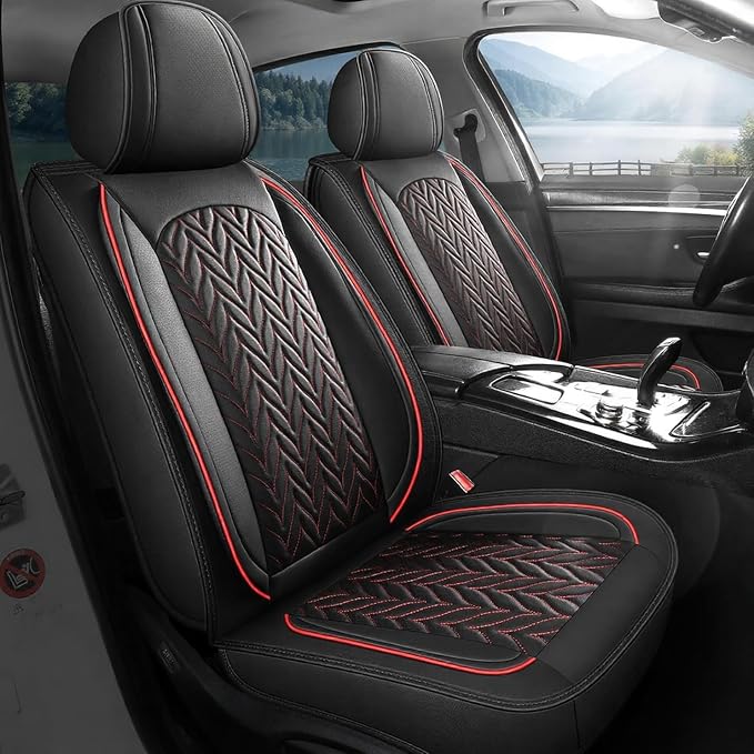 SCITOO Universal Front Seat Covers,2PCS Car Seat Covers Waterproof Vehicle Seat Covers Faux Leather Car Seat Cover For Cars SUV Pick-up Truck Sedan Seat Cover Set (Front, Black And Red)