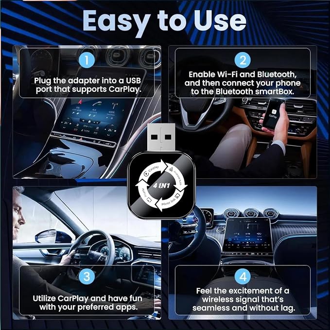 4 in 1 Wireless CarPlay Adapter 2026 Upgraded,4 in 1 Screen Mirroring Support AirPlay/Mirror Link for iPhone & Android, Mini Design, Bluetooth 5.0, USB & USB-C, Plug & Play, Wired to Wireless Convert