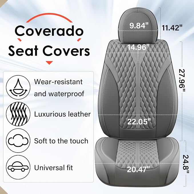 Coverado Front Seat Covers, Luxury Nappa Leather Seat Covers, Car Seat Covers Waterproof, 2 Pack Universal Seat Covers for Cars, Car Seat Protector, Driver Seat Cover Fit for Most Cars, Gray