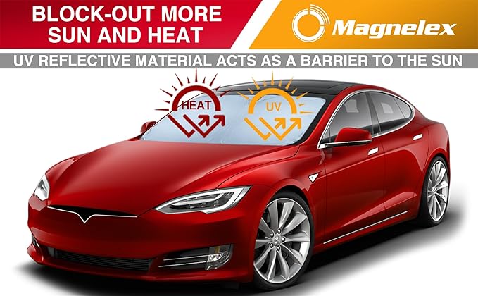 Magnelex Tesla Windshield Sun Shade for Model S 2012-2026 - Reflective Polyester Blocks Heat & Sun, Foldable Car Window Sun Blocker, Mirror Cut-Out, Fade-Resistant Sunshade, Tesla S Accessories