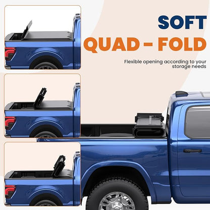 KUIPERAUTO 6.5 FT Quad 4-Fold Soft Folding Truck Bed Tonneau Cover Compatible with Ford F150 F-150 2009-2014 Styleside Fourth Fold (Excl Raptor Series) Without Utility Track System Truck Bed Cover 78“
