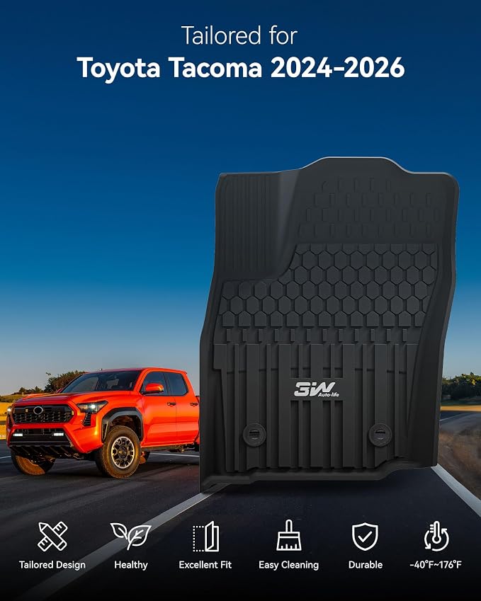 3W Floor Mats for Toyota Tacoma 2024 2025 2026 Double Cab Auto Tran(Not Fit Hybrid & XtraCab), TPE All Weather Custom Fit Floor Liner for Tacoma TRD/SR/SR5/limited Car Liners.