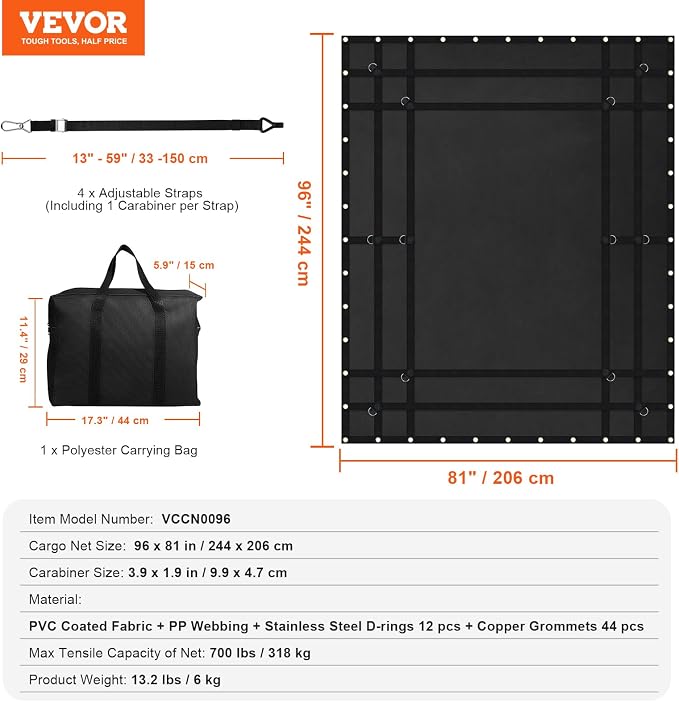 VEVOR Waterproof Cargo Net, 96 in x 81 in, Heavy Duty Truck Cargo Net-(WLL) 700lbs, 4 Adjustable Straps with Carabiners & S-Hooks, Truck Bed Cover for Trailer, Pickup, Boat, Jeep, SUV 6.75' x 8'