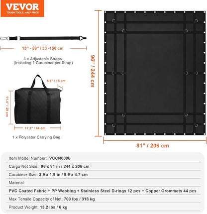 VEVOR Waterproof Cargo Net, 96 in x 81 in, Heavy Duty Truck Cargo Net-(WLL) 700lbs, 4 Adjustable Straps with Carabiners & S-Hooks, Truck Bed Cover for Trailer, Pickup, Boat, Jeep, SUV 6.75' x 8'