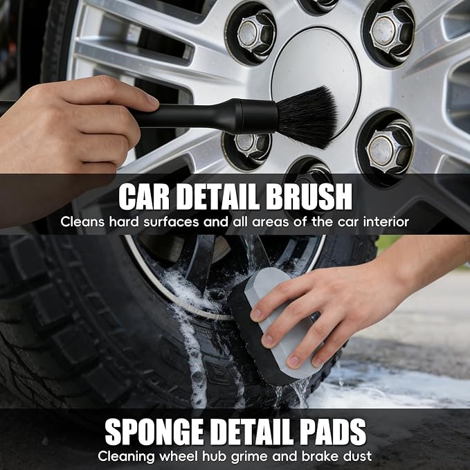 10PCS Car Wheel Cleaning Kit – Metal-Free Rim & Tire Brush Set with Wool Brush, Microfiber Cloths, Wax Pads & Storage Bag, Scratch-Free Detailing Tools for Cars Trucks SUVs RVs