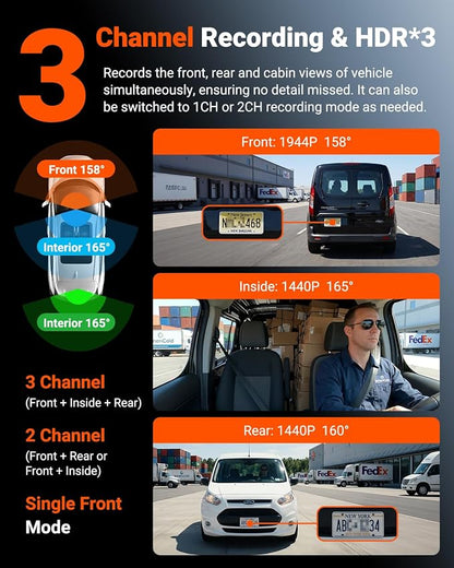Vantrue N4S 3 Channel Dash Cam for Delivery &Cargo Vans, 2.7K+1440P+1440P Front Inside Rear,PlatePix™,STARVIS 2 x HDR x IR Night Vision,Voice Control,GPS,24/7 Parking Mode,Supports 1TB Max