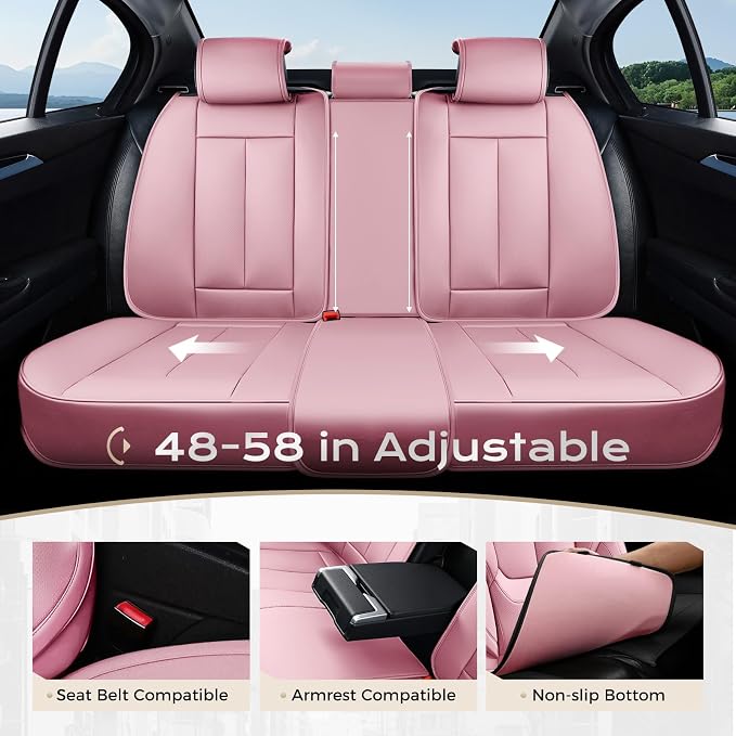 Coverado Seat Covers Full Set, 5 Seats Seat Covers for Cars, Waterproof Nappa Leather Car Seat Covers with Head Pillow, Seat Protectors Car Seat Cushion Universal Fit for Most Cars (Pink)