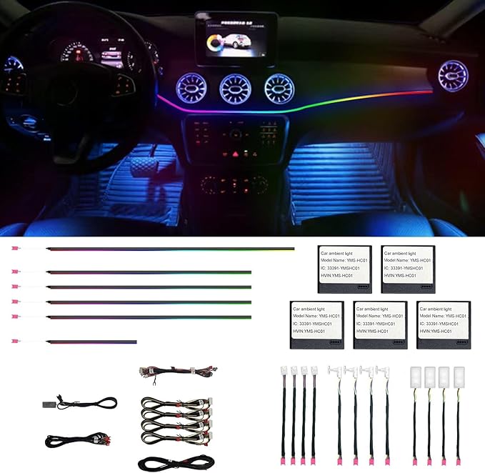 HMYC Car Interior Ambient Lights,18 in 1 128 Colorful LED Acrylic Fiber Optic Strip,Universal Multiple Modes Decoration Atmosphere with Music Sync Rhythm,APP Control,RGB Neon Lighting for All Cars