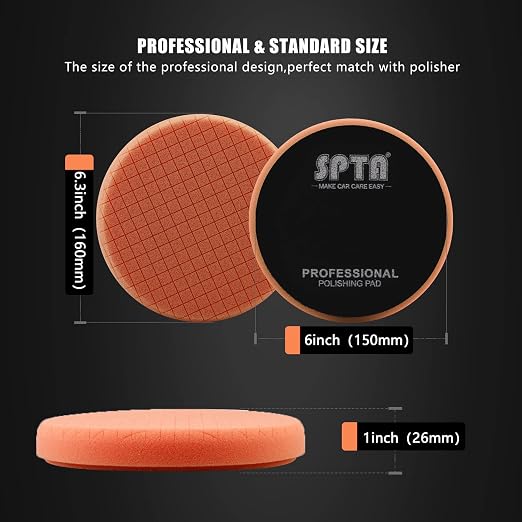 T40 Orange Medium-Cut Foam Polishing Pad, SPTA 1Pc 6.5 Inch Face for 6 Inch 150mm Backing Plate Compound Buffing Sponge Pads for Car Buffer Polisher Compounding, Polishing and Waxing -FPTSS6O