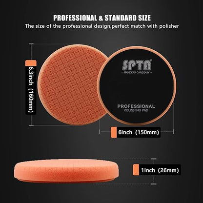T40 Orange Medium-Cut Foam Polishing Pad, SPTA 1Pc 6.5 Inch Face for 6 Inch 150mm Backing Plate Compound Buffing Sponge Pads for Car Buffer Polisher Compounding, Polishing and Waxing -FPTSS6O