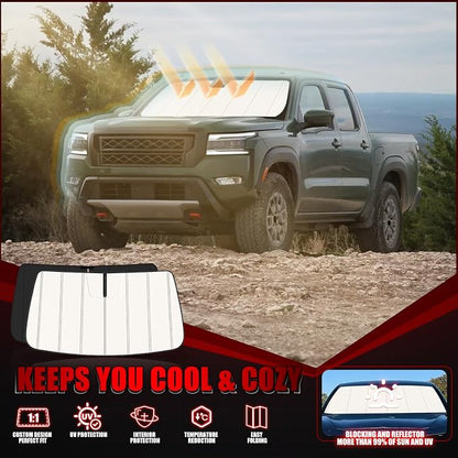 Windshield Sun Shade for Ni-ssan Frontier 2022-2025 2026, Front Window Visor Accessories, Folding Design Blocks Heat & UV Rays Maintain Cool Interior and Save Space