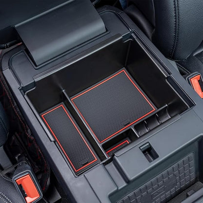TOPINSTALL 2020-2026 Ford Explorer Console Organizer Tray - Compatible with 2020-2026 Ford Explorer Deep Armrest Storage Box with Coin Holder & Non-Slip Mats, Red Interior 6th Gen Explorer Accessories