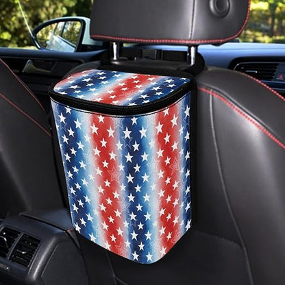 Talayituse American Flag Star Print Car Trash Can with Lid, 4th of July Leak Proof Auto Trash Bag Hanging Vehicle Garbage Can Multipurpose Storage Container for Back Seat Road Trip