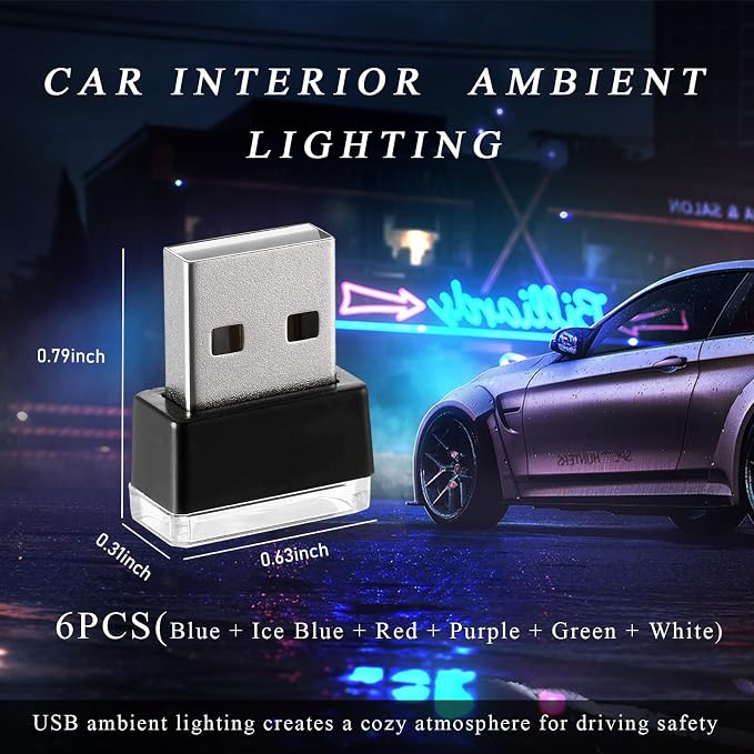 Yourkar 4 PCS USB LED Car Interior Atmosphere Lamp, Plug-in USB Interface Trunk Ambient Lighting Kit, Night Led Decoration Mini USB Light, Universal Interior Car Accessories (6 PCS, 6 Clors)