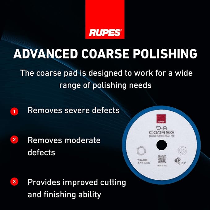 RUPES 9.DA180H Pack of 12 Blue D-A Coarse Cutting Foam Pads 180mm | Ideal for Paint Correction & Gloss Enhancement | Mild to Severe Defect Removal | Compatible with 6" Backing Plate
