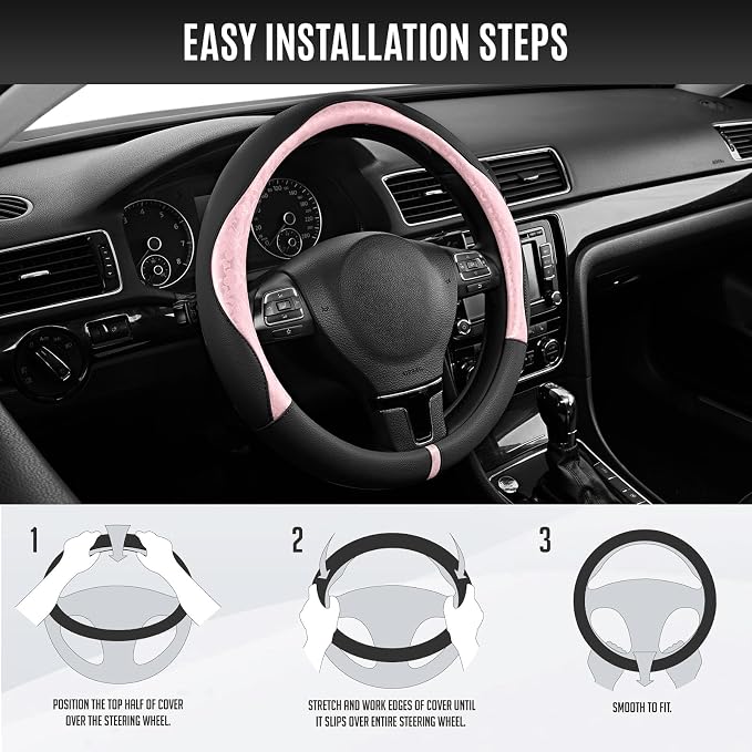 PIC AUTO Steering Wheel Cover, Pink Patterned & Black Leather Patchwork Design, Universal Fit 14.5"–15.5", Anti-Slip, Odor-Free, Soft PU Grain Leather, Durable Grip Car Accessory for Girls & Women