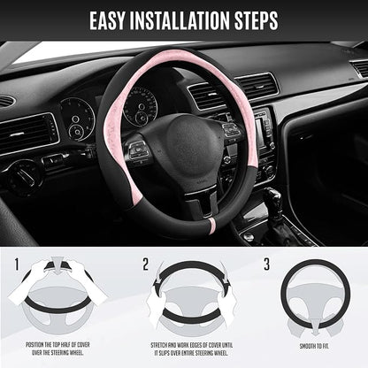 PIC AUTO Steering Wheel Cover, Pink Patterned & Black Leather Patchwork Design, Universal Fit 14.5"–15.5", Anti-Slip, Odor-Free, Soft PU Grain Leather, Durable Grip Car Accessory for Girls & Women