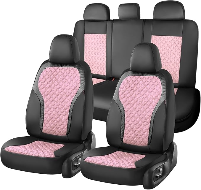 Coverado Car Seat Covers Full Set, Pink Car Seat Covers, Luxury Leather Car Seat Cover with Carbon Fiber Textured Design, Spill-Proof Seat Cushions, Automotive Seat Cover Universal Fit Most Cars