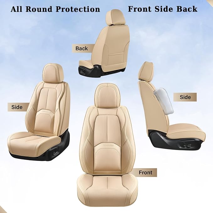 Coverado Seat Covers, Leather Seat Covers Front Seat, Luxury Car Seat Covers with Lumbar Support, Front Driver Seat Covers, Car Seat Protector Waterproof Universal Fit Most Cars(Beige)