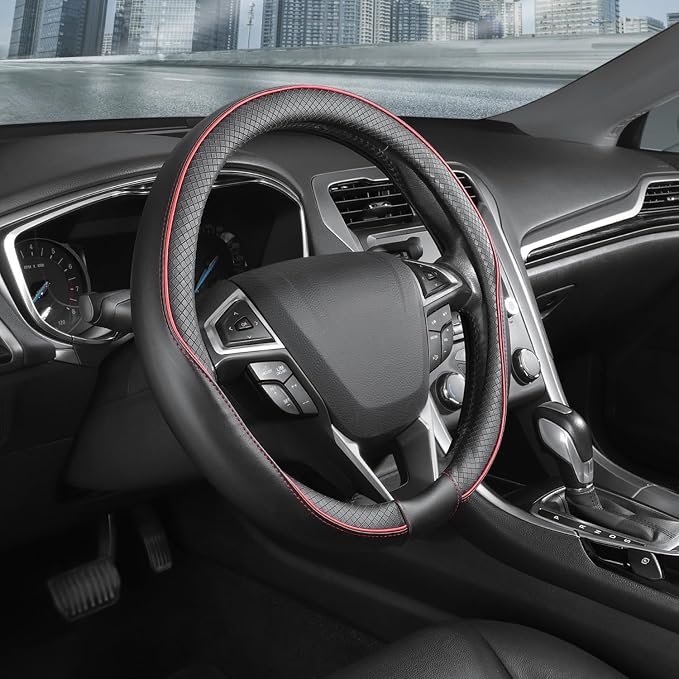 SEG Direct Steering Wheel Cover 14.5-15 inch (37-39 cm) Medium Size, Microfiber Leather, Non-Slip Comfortable Grip, Fits Cars Trucks SUVs, Black and Red