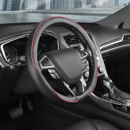SEG Direct Steering Wheel Cover 14.5-15 inch (37-39 cm) Medium Size, Microfiber Leather, Non-Slip Comfortable Grip, Fits Cars Trucks SUVs, Black and Red