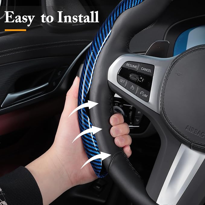 Carbon Fiber Steering Wheel Cover, Snap on Car Steering Wheel Cover Set Accessories 3pcs Wrap Grip Non Slip Protector Universal Glossy Blue