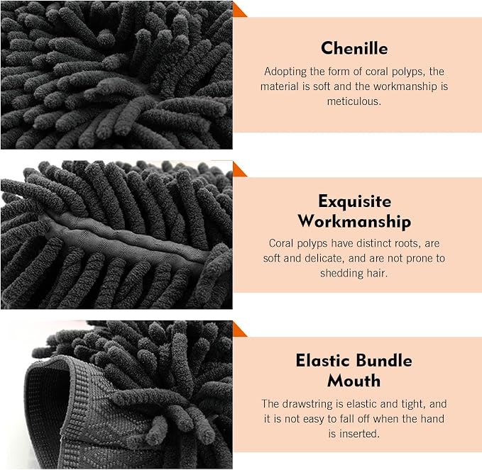 2 PCS Chenille Car Wash Mitt, 5.51" x 9" Premium Microfiber Ultra-Soft Scratch-Free Glove, Double-Sided High Absorbency Car Detailing Mitt, Universal for Most Cars (Black)